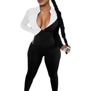 Long Sleeve V Neck Zip Up Colorblock Bodycon Jumpsuit   Size XL